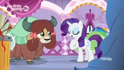 Size: 1280x720 | Tagged: safe, screencap, character:rarity, character:yona, species:pony, species:unicorn, species:yak, episode:she's all yak, g4, my little pony: friendship is magic, bow, cloven hooves, duo, female, hair bow, ladylike, mare, monkey swings