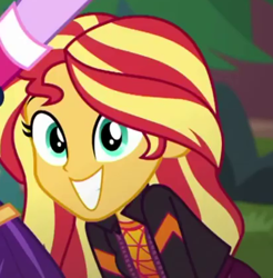 Size: 412x419 | Tagged: safe, screencap, character:sunset shimmer, character:twilight sparkle, character:twilight sparkle (scitwi), species:eqg human, episode:festival filters, g4, my little pony:equestria girls, clothing, cropped, cute, female, grin, new hairstyle, new outfit, offscreen character, shimmerbetes, smiling