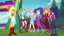 Size: 2208x1242 | Tagged: safe, screencap, character:applejack, character:fluttershy, character:rainbow dash, character:rarity, character:sunset shimmer, character:twilight sparkle, character:twilight sparkle (scitwi), species:eqg human, episode:festival filters, g4, my little pony:equestria girls, cute, dashabetes, pose, shoes, sneakers
