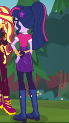 Size: 1242x2208 | Tagged: safe, screencap, character:sunset shimmer, character:twilight sparkle, character:twilight sparkle (scitwi), species:eqg human, episode:festival filters, g4, my little pony:equestria girls, boots, clothing, fanny pack, geode of telekinesis, magical geodes, ponytail, shoes
