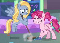 Size: 650x471 | Tagged: safe, screencap, character:bifröst, character:goldy wings, species:pegasus, species:pony, episode:she's all yak, g4, my little pony: friendship is magic, background pony, broom, cropped, duo, dustpan, eyes closed, female, friendship student, hoof hold, mare, sweeping, tail wrap