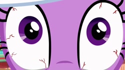 Size: 1280x720 | Tagged: safe, screencap, character:twilight sparkle, species:pony, species:unicorn, episode:it's about time, g4, my little pony: friendship is magic, bloodshot eyes, close-up, creepy face, extreme close up, female, golden oaks library, looking at you, mare, monitor everything, solo, vein