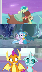 Size: 1920x3240 | Tagged: safe, screencap, character:gallus, character:ocellus, character:sandbar, character:silverstream, character:smolder, character:yona, species:changedling, species:changeling, species:classical hippogriff, species:dragon, species:earth pony, species:griffon, species:hippogriff, species:pony, species:reformed changeling, species:yak, ship:gallstream, episode:a matter of principals, episode:she's all yak, episode:what lies beneath, g4, my little pony: friendship is magic, bow, catacomb, cloven hooves, cute, diaocelles, diastreamies, female, gallabetes, hair bow, hug, implied lesbian, implied shipping, implied smolcellus, looking at each other, male, monkey swings, not sure if want, sandabetes, shipping fuel, shooting star, smolderbetes, straight, student six, teenager, yonadorable