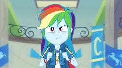 Size: 400x226 | Tagged: safe, screencap, character:rainbow dash, episode:run to break free, g4, my little pony:equestria girls, backpack, bracelet, canterlot high, chs flag, confident, jewelry, solo