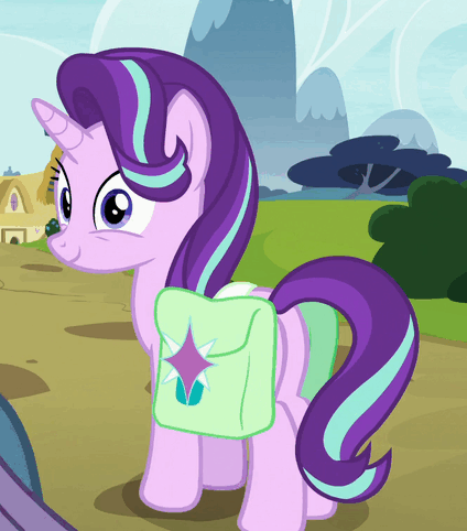 Size: 424x482 | Tagged: safe, screencap, character:starlight glimmer, species:pony, species:unicorn, episode:rock solid friendship, g4, my little pony: friendship is magic, animated, cropped, cute, glimmerbetes, offscreen character, raised hoof, saddle bag, smiling, solo