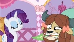Size: 1908x1080 | Tagged: safe, screencap, character:rarity, character:yona, species:pony, species:unicorn, species:yak, episode:she's all yak, g4, my little pony: friendship is magic, bow, duo, female, hair bow, mare