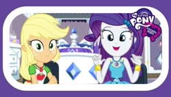 Size: 1280x720 | Tagged: safe, screencap, character:applejack, character:rarity, episode:camping must-haves, g4, my little pony:equestria girls, bracelet, duo, geode of shielding, geode of super strength, jewelry, magical geodes, makeup, my little pony logo, rarity's bedroom, youtube thumbnail