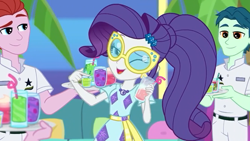 Size: 1920x1080 | Tagged: safe, screencap, character:rarity, episode:i'm on a yacht, g4, my little pony:equestria girls, background human, beverage, drink, female, geode of shielding, looking at you, magical geodes, male, nantucket flyer, one eye closed, straw, sunglasses, waiter, wink