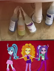Size: 1141x1507 | Tagged: safe, screencap, character:adagio dazzle, character:aria blaze, character:sonata dusk, equestria girls:rainbow rocks, g4, my little pony:equestria girls, bathroom, cleaning product, reallife, spray, the dazzlings