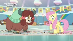 Size: 1280x720 | Tagged: safe, screencap, character:fluttershy, character:yona, species:pegasus, species:pony, species:yak, episode:she's all yak, g4, my little pony: friendship is magic, bow, cloven hooves, dance lesson, dancing, female, hair bow, mare, monkey swings
