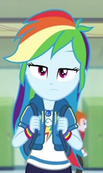 Size: 642x1080 | Tagged: safe, screencap, character:heath burns, character:rainbow dash, episode:run to break free, g4, my little pony:equestria girls, beautiful, cropped, cute, dashabetes, female, geode of super speed, heath burns, looking at you, magical geodes, rainbow dash is not amused, sad, sadorable, solo focus, unamused