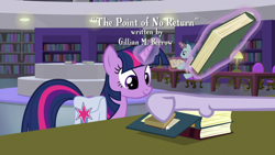 Size: 1920x1080 | Tagged: safe, screencap, character:dusty pages, character:twilight sparkle, character:twilight sparkle (unicorn), species:pony, species:unicorn, episode:the point of no return, g4, my little pony: friendship is magic, book, bookshelf, library, saddle bag
