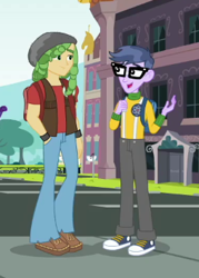 Size: 254x354 | Tagged: safe, screencap, character:microchips, character:sandalwood, episode:fomo, g4, my little pony:equestria girls, backpack, canterlot high, clothing, converse, cropped, glasses, hand in pocket, male, pants, shoes