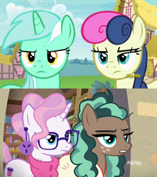 Size: 1920x2160 | Tagged: safe, screencap, character:bon bon, character:lyra heartstrings, character:minty mocha, character:raspberry latte, character:sweetie drops, species:earth pony, species:pony, species:unicorn, episode:the parent map, episode:triple threat, g4, my little pony: friendship is magic, bon bon is not amused, comparison, counterparts, discovery family logo, doppelganger, duo, looking at each other, lyra is not amused, mind blown, not amused face, ponyville, sire's hollow, unamused, what the hay?, wtf