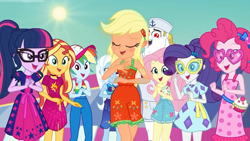 Size: 1920x1080 | Tagged: safe, screencap, character:applejack, character:bulk biceps, character:fluttershy, character:pinkie pie, character:rainbow dash, character:rarity, character:sunset shimmer, character:trixie, character:twilight sparkle, character:twilight sparkle (scitwi), species:eqg human, episode:i'm on a yacht, g4, my little pony:equestria girls, baseball cap, cap, clothing, female, geode of empathy, geode of shielding, geode of sugar bombs, geode of super strength, hat, heart glasses, heart shaped glasses, humane five, humane seven, humane six, magical geodes, male, sailor hat, sleeveless, sun, sunburn, sunglasses