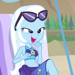 Size: 320x320 | Tagged: safe, screencap, character:trixie, equestria girls:forgotten friendship, g4, my little pony:equestria girls, belly button, clothing, cropped, cute, diatrixes, laughing, midriff, oh my, sunglasses, swimsuit