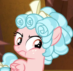 Size: 640x624 | Tagged: safe, screencap, character:cozy glow, character:lord tirek, species:pegasus, species:pony, episode:the beginning of the end, g4, my little pony: friendship is magic, bow, cozy glow is best facemaker, cozy glow is not amused, cozybetes, cute, evil lair, female, female focus, filly, foal, grogar's lair, lair, solo focus
