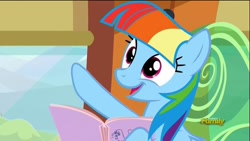 Size: 800x450 | Tagged: safe, screencap, character:rainbow dash, species:pegasus, species:pony, episode:the lost treasure of griffonstone, g4, my little pony: friendship is magic, book, discovery family logo, fake smile, female, hoof hold, imitation, manebow sparkle, mare, multicolored hair, open mouth, raised hoof, reading, solo, talking, train