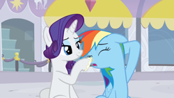 Size: 1920x1080 | Tagged: safe, screencap, character:rainbow dash, character:rarity, species:pegasus, species:pony, species:unicorn, episode:rarity investigates, g4, my little pony: friendship is magic, boop, eyes closed, out of context, sunscreen