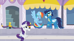 Size: 1920x1080 | Tagged: safe, screencap, character:rainbow dash, character:rarity, character:soarin', species:pegasus, species:pony, species:unicorn, episode:rarity investigates, g4, my little pony: friendship is magic, clothing, laughing, raised hoof, sitting, uniform, wonderbolts uniform