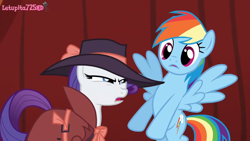 Size: 1920x1080 | Tagged: safe, screencap, character:rainbow dash, character:rarity, species:pegasus, species:pony, species:unicorn, episode:rarity investigates, g4, my little pony: friendship is magic, bow, clothing, detective rarity, female, hat, mare, trenchcoat