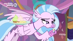 Size: 1280x720 | Tagged: safe, screencap, character:silverstream, species:classical hippogriff, species:hippogriff, episode:she's all yak, g4, my little pony: friendship is magic, chips, cupcake, food, lidded eyes, solo