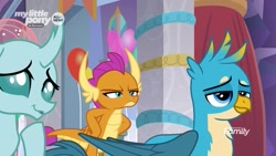 Size: 1280x720 | Tagged: safe, screencap, character:gallus, character:ocellus, character:smolder, species:changedling, species:changeling, species:dragon, species:griffon, species:reformed changeling, episode:she's all yak, g4, my little pony: friendship is magic, amused, balloon, chest feathers, chest fluff, curved horn, dragoness, fangs, female, folded wings, hands on hip, head feathers, horn, horns, lidded eyes, male, narrowed eyes, raised hoof, skeptical, squint, suspicious, teenaged dragon, teenager, trio, wings