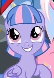 Size: 447x642 | Tagged: safe, screencap, character:clear sky, character:wind sprint, species:pegasus, species:pony, episode:common ground, g4, my little pony: friendship is magic, adorable face, captiwinding, charming, cheeky, cute, cuteness overload, female, filly, foal, freckles, grin, happy, hnnng, naughty, raised hoof, sitting, sprintabetes