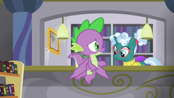 Size: 1920x1080 | Tagged: safe, screencap, character:bellflower blurb, character:spike, species:dragon, species:pony, episode:the point of no return, g4, my little pony: friendship is magic, book, bookshelf, library, winged spike