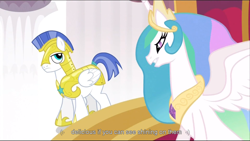Size: 1360x768 | Tagged: safe, screencap, character:princess celestia, episode:the crystal empire, g4, my little pony: friendship is magic, royal guard, youtube caption