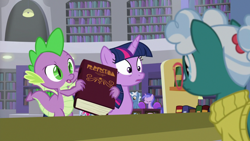 Size: 1920x1080 | Tagged: safe, screencap, character:bellflower blurb, character:pokey pierce, character:sea swirl, character:spike, character:twilight sparkle, character:twilight sparkle (alicorn), species:alicorn, species:dragon, species:pony, episode:the point of no return, g4, my little pony: friendship is magic, book, bookshelf, library, saddle bag, winged spike