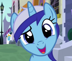 Size: 1228x1048 | Tagged: safe, screencap, character:minuette, species:pony, episode:amending fences, g4, my little pony: friendship is magic, cropped, cute, happy, looking at you, minubetes, solo, streetlight