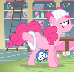 Size: 582x564 | Tagged: safe, screencap, character:pinkie pie, species:earth pony, species:pony, episode:baby cakes, g4, my little pony: friendship is magic, candy, cropped, diaper, diaper on head, female, food, gritted teeth, hooves, mare, out of context, raised hoof, solo, sugarcube corner