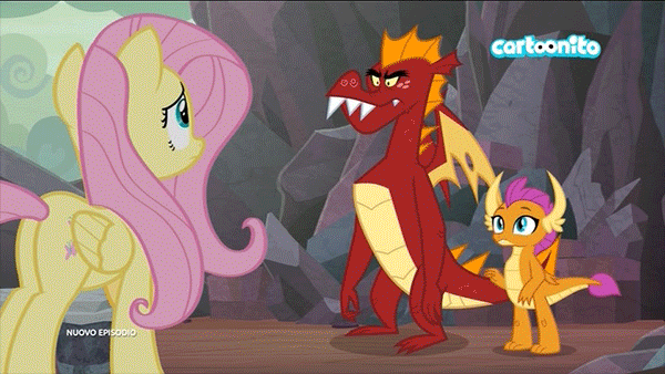 Size: 600x338 | Tagged: safe, screencap, character:fluttershy, character:garble, character:smolder, species:dragon, species:pegasus, species:pony, episode:sweet and smoky, g4, my little pony: friendship is magic, angry, animated, brother and sister, cartoonito logo, claws, cute, cutie mark, discovery, displeased, dragon lands, dragoness, female, folded wings, gif, horns, italian, male, mare, pointing, raised eyebrow, siblings, smolder is not amused, teenaged dragon, teenager, toes, trio, unamused, wings