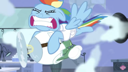 Size: 1334x750 | Tagged: safe, screencap, character:rainbow dash, character:tank, species:pony, episode:tanks for the memories, g4, my little pony: friendship is magic, teeth, weather factory, weather factory uniform