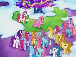 Size: 640x480 | Tagged: safe, screencap, character:bumblesweet (g3), character:cloud climber, character:desert rose, character:gem blossom, character:minty, character:pinkie pie (g3), character:rainbow dash (g3), character:starbeam, character:sunny daze (g3), character:thistle whistle, episode:a very minty christmas, g3, bow tie (g3), glitter glide, moondancer (g3), piccolo