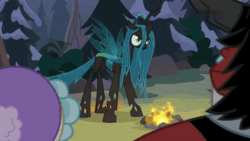 Size: 1280x720 | Tagged: safe, screencap, character:cozy glow, character:lord tirek, character:queen chrysalis, character:twilight sparkle, character:twilight sparkle (alicorn), species:alicorn, species:changeling, species:pegasus, species:pony, episode:frenemies, g4, my little pony: friendship is magic, animated, campfire, changeling queen, disguise, disguised changeling, female, filly, floppy ears, forest, laughing, mare, mocking, solo focus, sound, the pathetic princess thing, twilighting, uvula, webm
