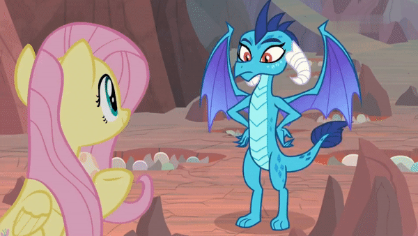 Size: 600x338 | Tagged: safe, screencap, character:fluttershy, character:princess ember, species:dragon, species:pegasus, species:pony, episode:sweet and smoky, g4, my little pony: friendship is magic, animated, blushing, cute, dragoness, emberbetes, female, gif, mare, tsundember, tsundere