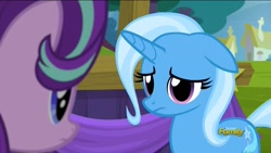 Size: 1280x720 | Tagged: safe, screencap, character:starlight glimmer, character:trixie, species:pony, species:unicorn, episode:no second prances, g4, my little pony: friendship is magic, discovery family logo, duo, floppy ears, sad