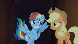 Size: 1280x720 | Tagged: safe, screencap, character:applejack, character:rainbow dash, species:pony, episode:castle mane-ia, g4, my little pony: friendship is magic, applejack's hat, clothing, cowboy hat, embarrassed, flying, hat, stetson