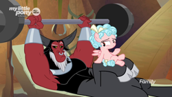 Size: 1920x1080 | Tagged: safe, screencap, character:cozy glow, character:lord tirek, species:centaur, species:pegasus, species:pony, episode:frenemies, g4, my little pony: friendship is magic, armpits, bench press, cloven hooves, duo, female, filly, foal, male, nose piercing, nose ring, piercing, weight lifting