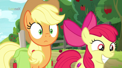Size: 1920x1080 | Tagged: safe, screencap, character:apple bloom, character:applejack, species:earth pony, species:pony, episode:going to seed, g4, my little pony: friendship is magic, adorabloom, apple sisters, cute, cutie mark, duo, female, filly, foal, grin, mare, sisters, smiling, surprised, the cmc's cutie marks, varying degrees of want