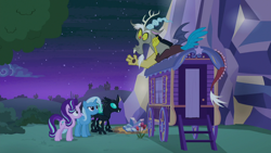 Size: 1280x720 | Tagged: safe, screencap, character:discord, character:starlight glimmer, character:thorax, character:trixie, species:changeling, species:draconequus, species:pony, species:unicorn, episode:to where and back again, g4, my little pony: friendship is magic, reformed four, reformed starlight, trixie's wagon