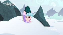Size: 1919x1079 | Tagged: safe, screencap, character:cozy glow, species:pegasus, species:pony, episode:frenemies, g4, my little pony: friendship is magic, bell, clothing, cozybetes, cute, female, filly, foal, grin, hat, smiling, snow, snowdrift, solo, winter outfit