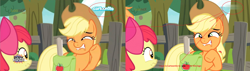 Size: 5096x1440 | Tagged: safe, screencap, character:apple bloom, character:applejack, species:earth pony, species:pony, episode:going to seed, g4, my little pony: friendship is magic, apple sisters, cartoonito logo, circled, duo, faec, female, filly, foal, italian, lip bite, mare, saddle bag, sisters