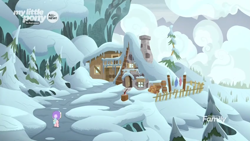 Size: 1600x900 | Tagged: safe, screencap, character:cozy glow, species:pegasus, species:pony, episode:frenemies, g4, my little pony: friendship is magic, cabin, clothing, female, filly, foal, hat, house, mount everhoof, mountain, scenery, snow, tree, winter outfit