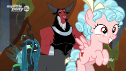 Size: 1920x1080 | Tagged: safe, screencap, character:cozy glow, character:lord tirek, character:queen chrysalis, species:centaur, species:changeling, species:pegasus, species:pony, episode:frenemies, g4, my little pony: friendship is magic, bow, bracer, changeling queen, cozybetes, crown, cute, cutealis, discovery family logo, evil lair, female, filly, flying, foal, freckles, grin, grogar's lair, hair bow, hands behind back, jewelry, lair, male, mare, nervous, nervous grin, nose piercing, nose ring, open mouth, piercing, regalia, smiling, tail bow, tirebetes, trio