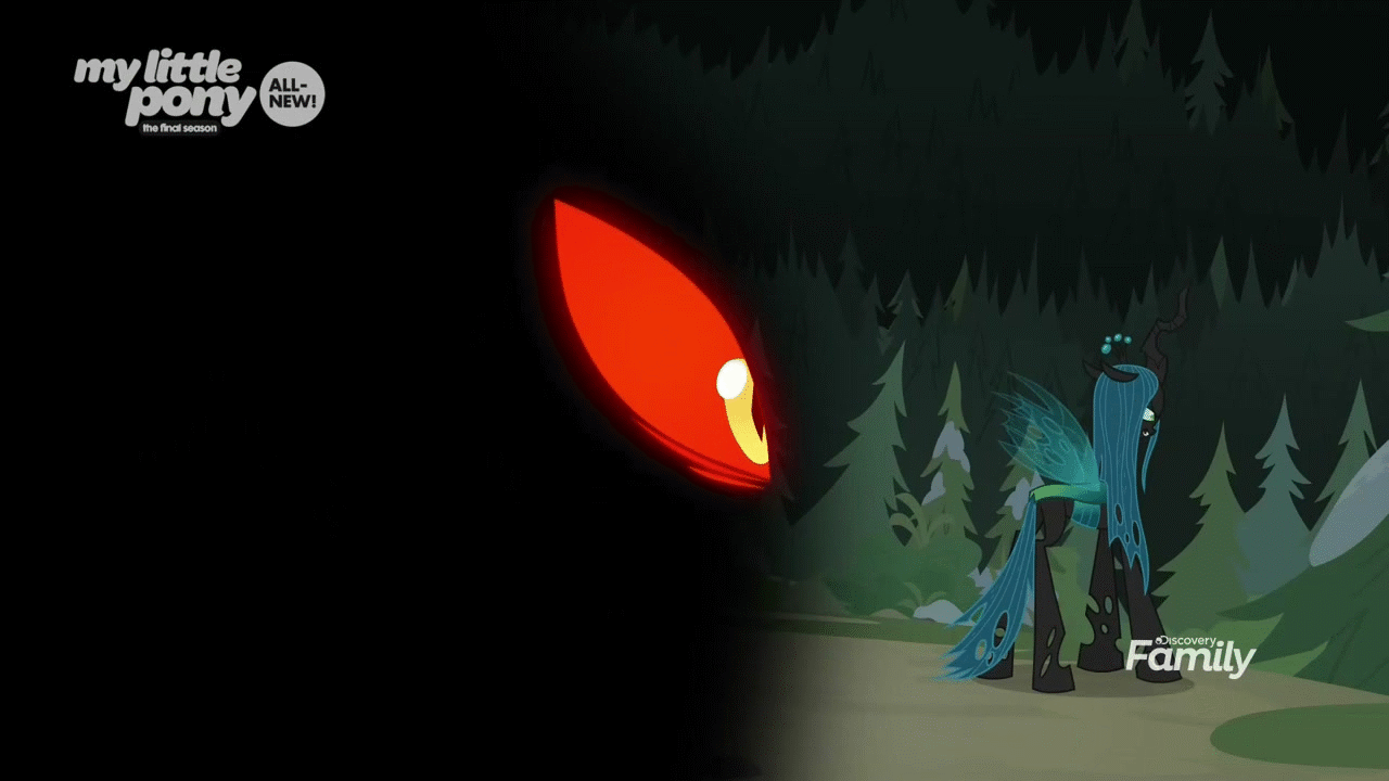 Size: 1280x720 | Tagged: safe, official, screencap, character:queen chrysalis, species:changeling, episode:frenemies, g4, my little pony: friendship is magic, animated, body horror, changeling queen, darkness, discovery family logo, disembodied eyes, eldritch abomination, eyes in the dark, faec, fangs, female, forked tongue, glowing eyes, hissing, intimidating, scared, the tables have turned, tongue out