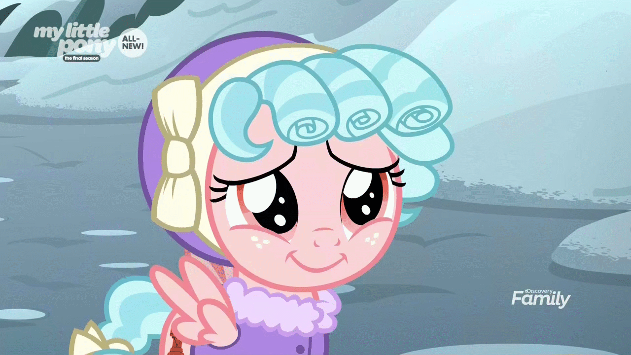 Size: 1280x720 | Tagged: safe, screencap, character:cozy glow, species:pegasus, species:pony, episode:frenemies, g4, my little pony: friendship is magic, animated, clothing, cozy glow is best facemaker, cozy glow is not amused, cozybetes, cute, discovery family logo, faec, female, filly, foal, frown, hat, mood whiplash, pure concentrated unfiltered evil of the utmost potency, reaction image, solo, unamused, winter outfit