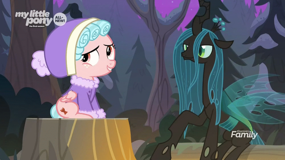 Size: 1000x562 | Tagged: safe, screencap, character:cozy glow, character:queen chrysalis, species:changeling, species:pegasus, species:pony, episode:frenemies, g4, my little pony: friendship is magic, animated, bonding, changeling queen, clothing, discovery family logo, duo, female, filly, foal, hat, laughing, tree stump, winter outfit